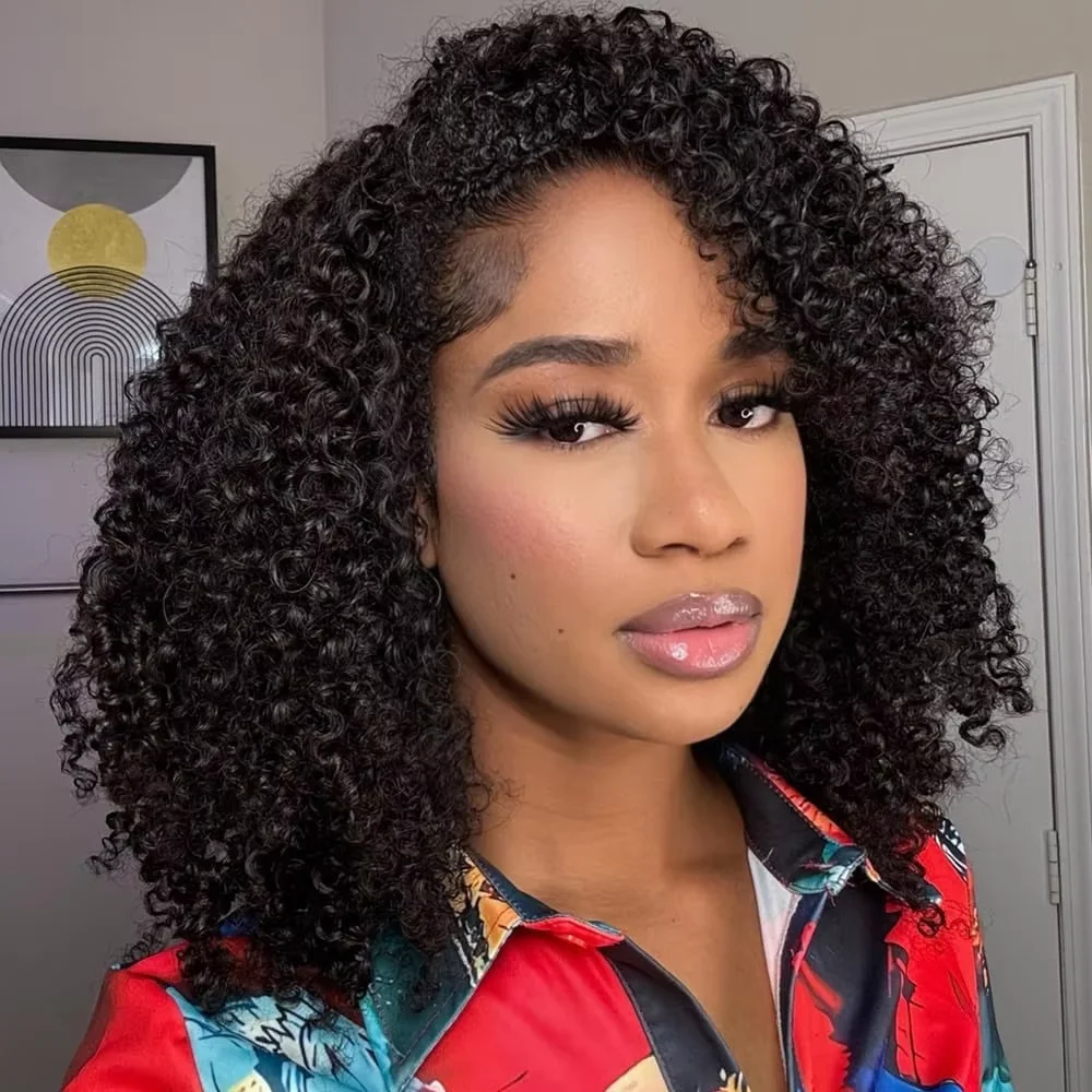 

Curly Half Wig Human Hair 200 Density 3 In 1 Seamless Flip Over Half Wigs Wear and Go Kinky Curly Wig Drawstring Headband Wig