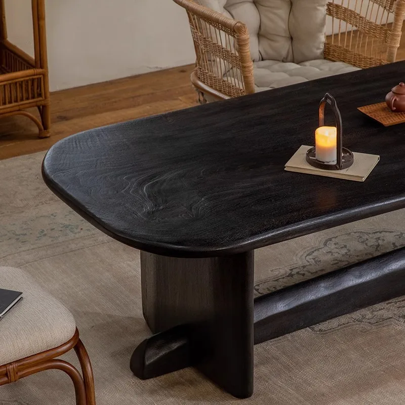 Solid wood homestay creative tea table Japanese-style wabi-sabi tea room rectangular black table