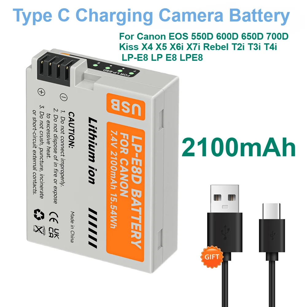 

For Canon EOS 550D 600D 650D 700D Kiss X4 X5 X6i X7i Rebel T2i T3i T4i 2100mAh LP-E8 LP E8 LPE8 Type C Charging Camera Battery