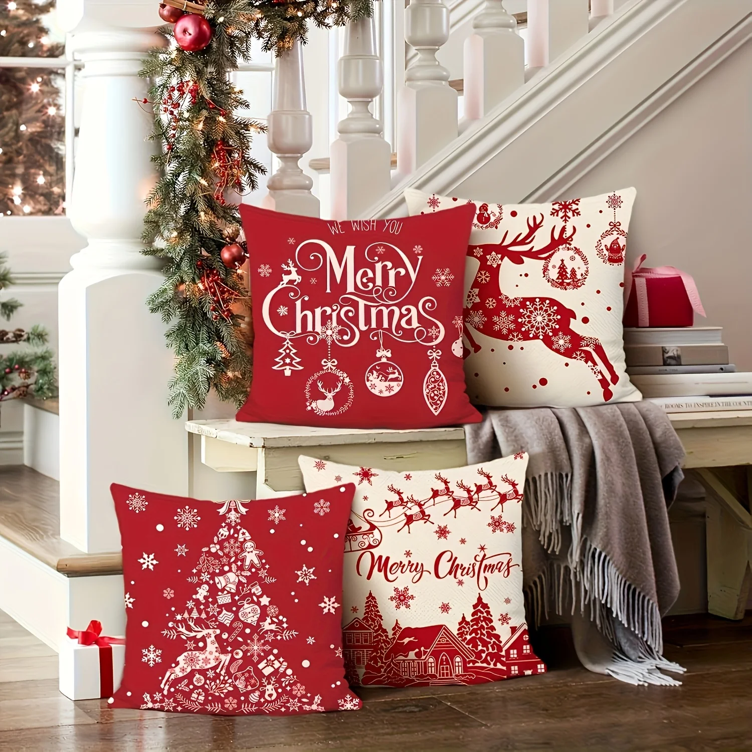 2D Flat Double-Sided Print, 4pcs Christmas Pillowcases, Christmas Red Pillow Covers Reindeer Christmas Tree Snowflake Decorative