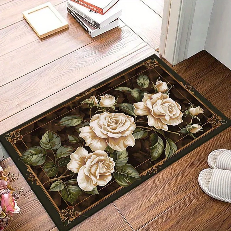

1 шт. противоскользящий ковер с цветочным узором белой розы - хрустальная бархатная ткань для гостиной, спальни, уличной террасы