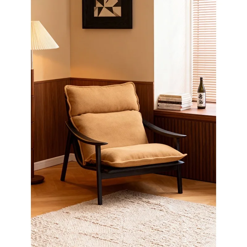 Medieval single sofa chair retro lamb wool removable and washable living room balcony recliner solid wood leisure chair