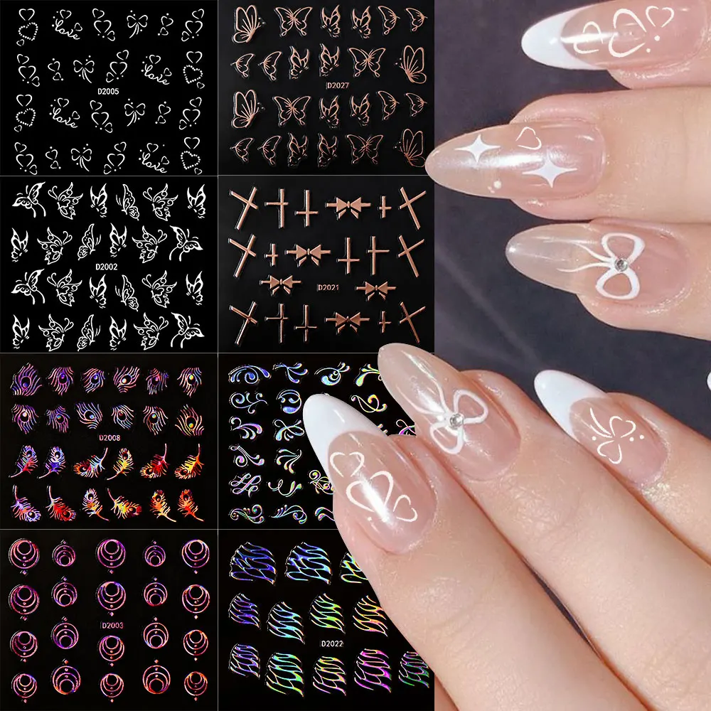 30Pcs Bronzing French Line Heart Nail Art Sticker 3D Star/flower/Leaf Adhesive Decals Butterfly Bow Laser DIY Manicure Sliders
