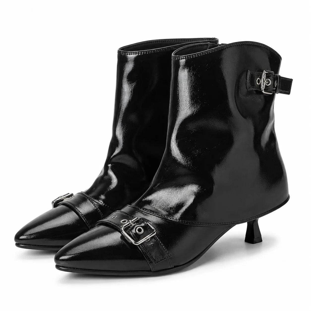 Vintage Women Pointed Toe Boots Buckle Strap Kitten Heel Ankle Boots Chic PU Leather Dress Shoes Autumn Winter