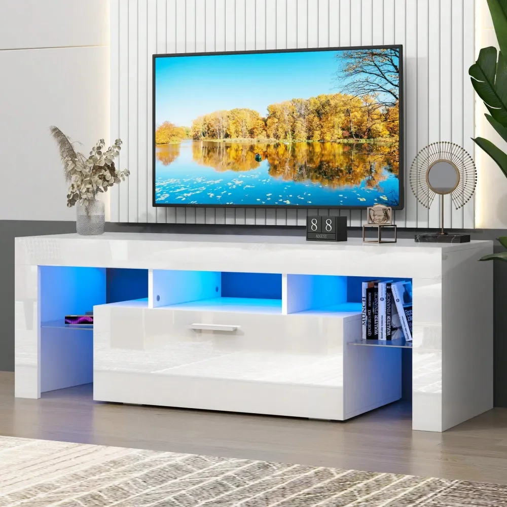 

Stand For TV To 70 , Living Room Entertainment Center With RGB LED Lights And Storage Shelves Furniture, White High Gloss TV