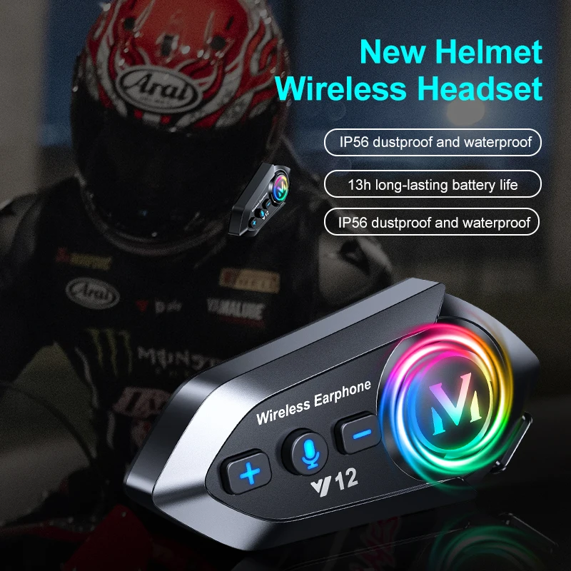 Motorcycle Helmet Headset Stereo Bluetooth Hands Free Call IPX7 Waterproof Noise reduction Earphone With RGB Ambient Light