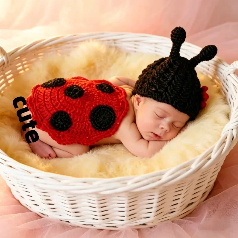 Newborn Baby Knitted Outfit Set Red Black Ladybug Design Handmade Clothes Children Studio Photo Shooting Garment Accessories