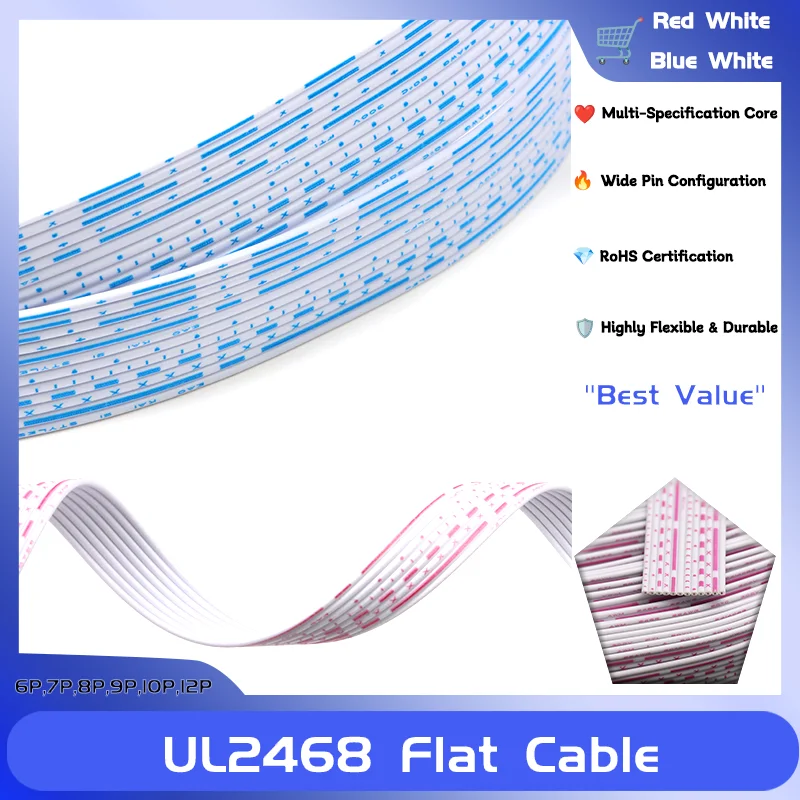 

UL2468 Flat Ribbon Cable 24 26AWG Core 6 7 8 9 10 12 Pins 300V Flexible Extended Power Connect Cable PVC Flat Wire 2/5/10M