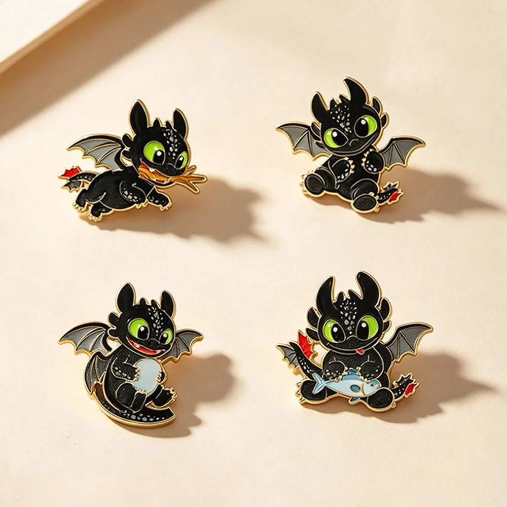 Cute Black Dragon Enamel Pin Set 4 Pcs, Cartoon Fantasy Creature Lapel Brooches, Gold‑Plated Badges for Backpack Decorative Pins
