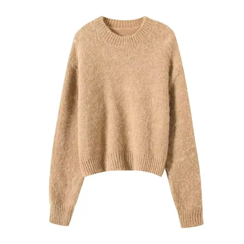 

Women's Simple Knitted Pullover Round Neck Long Sleeve Solid Color Elastic Hem Pleated Cropped Sweater Commuting Winter Chic Top