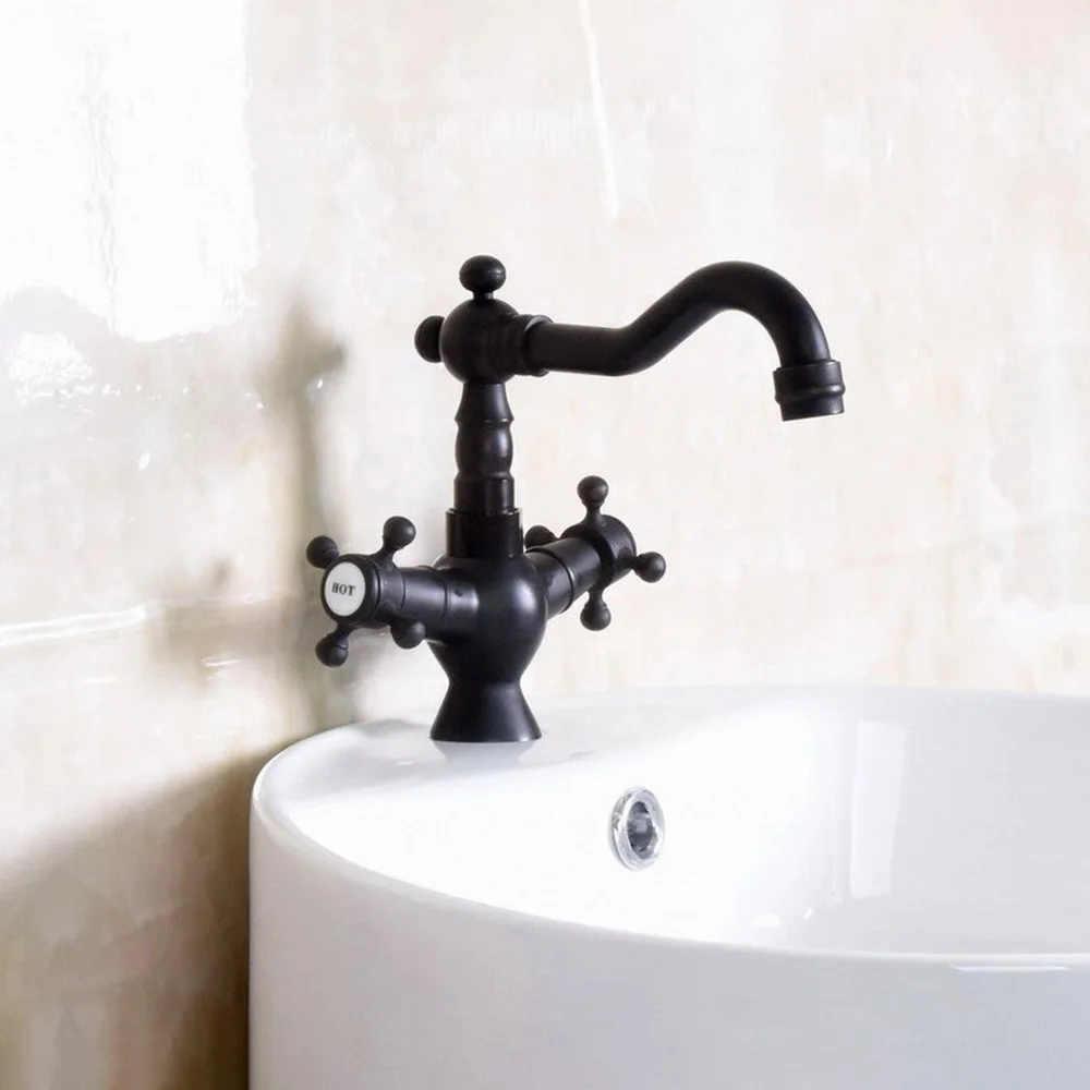 

Black Oil Rubbed Brass Dual Cross Handles Bathroom Basin Mixer tap Vessel Sink Faucet Swivel Spout / Deck Mounted tnf145