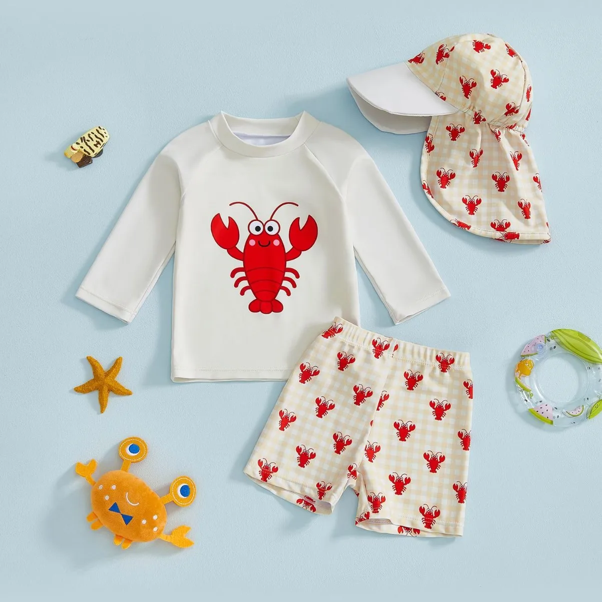 Boys Summer Three-piece Swimsuit Kids Cute Cartoon Lobster Long Sleeve Sunscreen Surfing Suit Swimwear Baby Bathing Costume