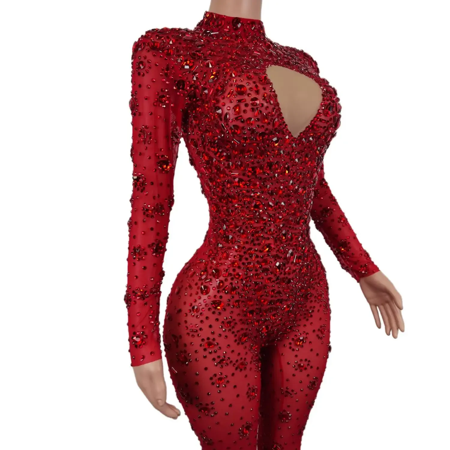 Sexy Voller Diamanten Rot Frauen einteiliges Overall Mode Party Dance Club Schlank Bodysuit Bühne Leistung Kostüm Urlaub Kleidung