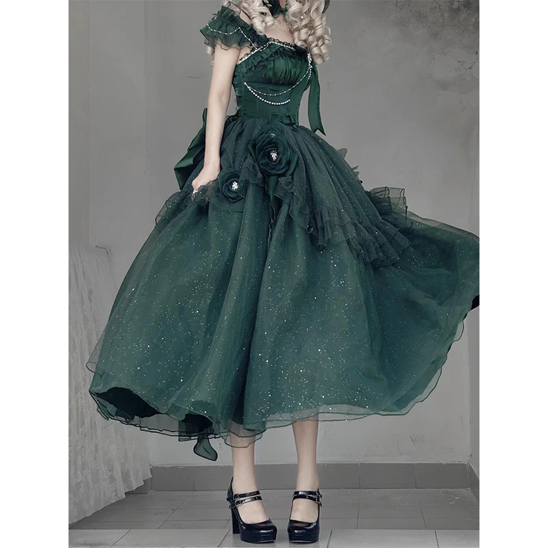 Zielony kwiat długa suknia ślubna damska letnia dopasowana elegancka suknia wieczorowa Retro Lolita śliczna kokarda kończąca się sukienki urodzinowe