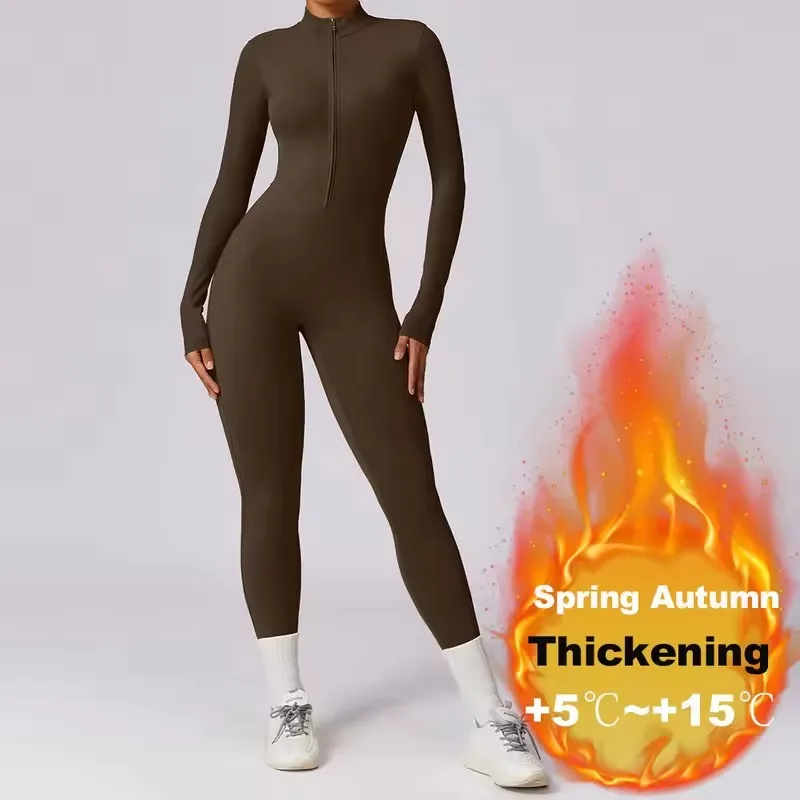 

Women Autumn Winter Fleece-Lined Yoga Jumpsuit Seamless Pilates Running Fitness Clothing Long-Sleeved Outdoor Sports Coveralls