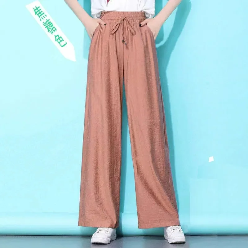 

2024 Female High Waisted Wide leg Pants Summer Women Ice Shreds Leisure Mopping The Floor Trousers Ladies High Waisted Pantalons