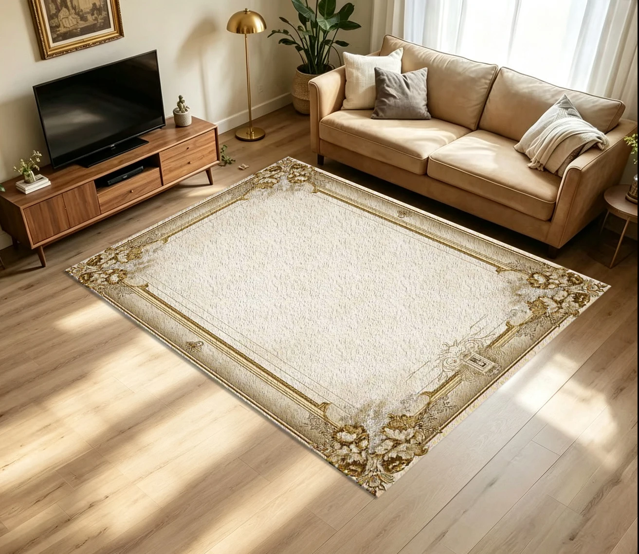 Vintage Golden Floral Frame Carpet Flooring Antique Retro Paper Style Ornate Flower Border Printed Floor Rug for Household Indoor Home Decor