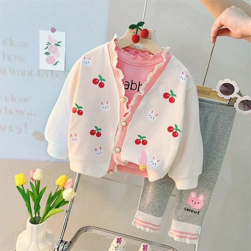 2023 Autumn Baby Girls Clothing Sets Kids Cartoon Coats T Shirt Trousers 3 Pcs Suit Infant Clothes Outfits Children Sportswear