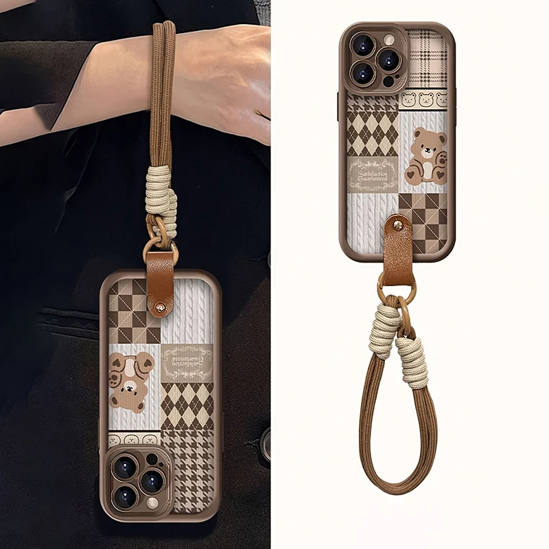 Gittermuster-Bären-Hängeband-Handyhülle für iPhone 18 17 16 15 14 Pro Max 13 12 11 Pro XS X XR 7 Plus SE Stoßfeste Weiche Hülle – Detail 4