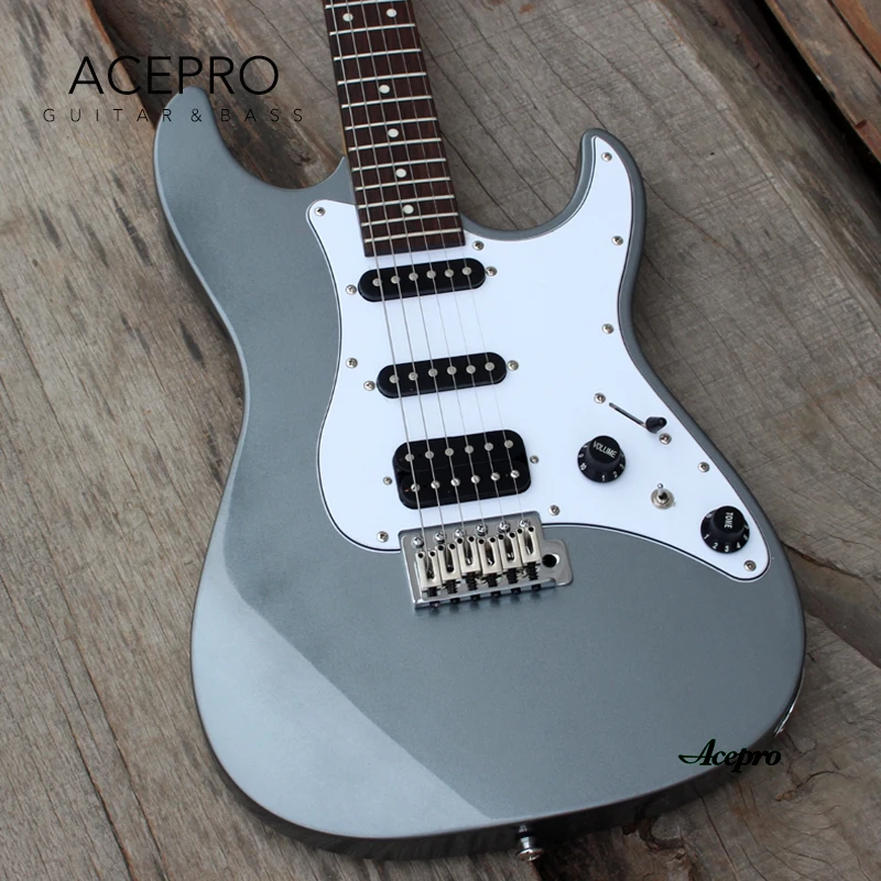 In Stock Acepro Metallic Grey ST Electric Guitar, Tremolo Bridge, S-S-Humbucker Pickups Mini Switch for Split Coil, Guitarra