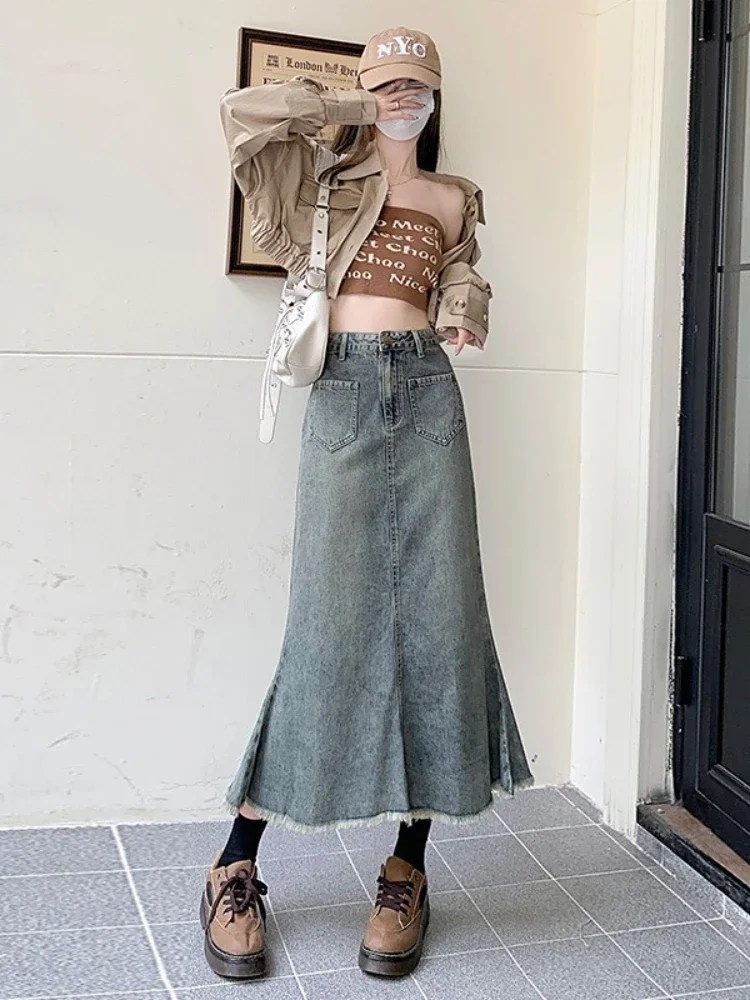 

Весенне-осенняя женская модная джинсовая юбка в стиле ретро с высокой талией, нишевая дизайнерская юбка «рыбий хвост», джинсовые юбки трапециевидной формы для женской одежды