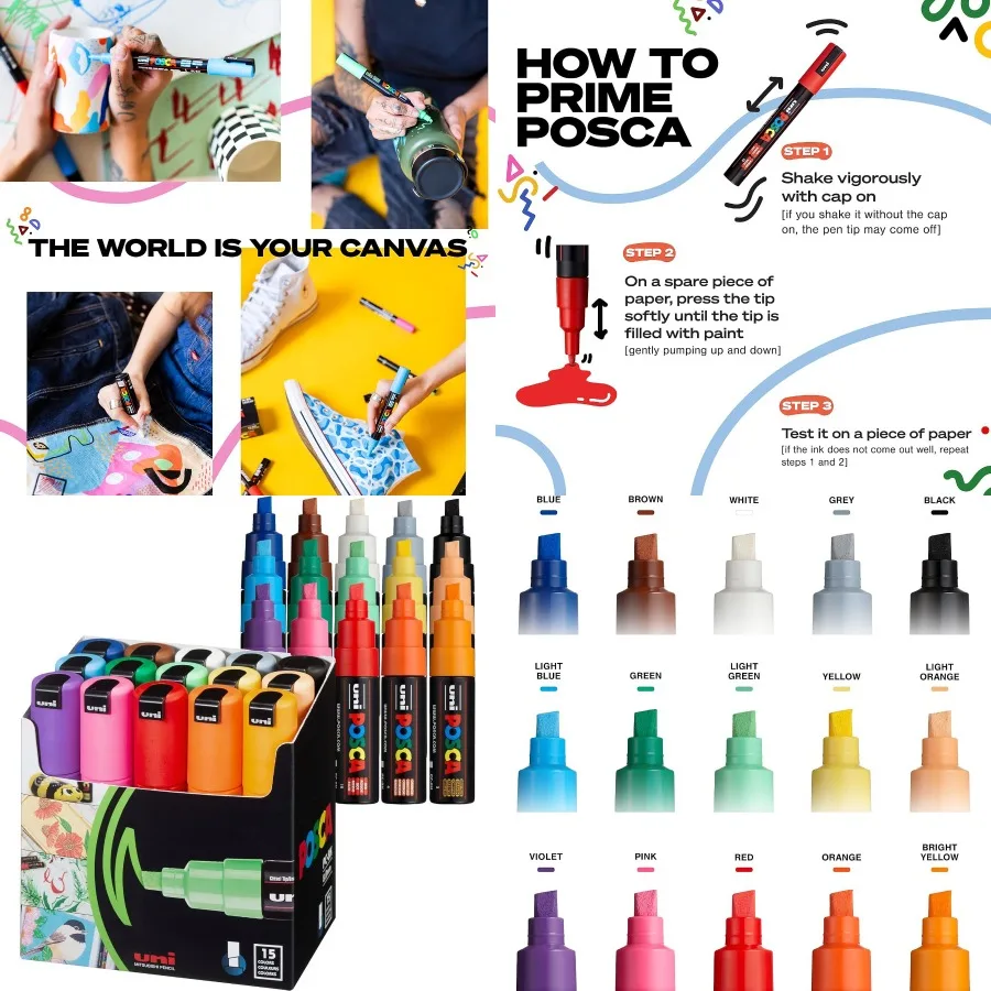 

Posca Paint Markers with 8K Broad Chisel Tips for Creative Art Projects on Fabric Canvas Glass and Metal Surfaces Set of 15 Vib