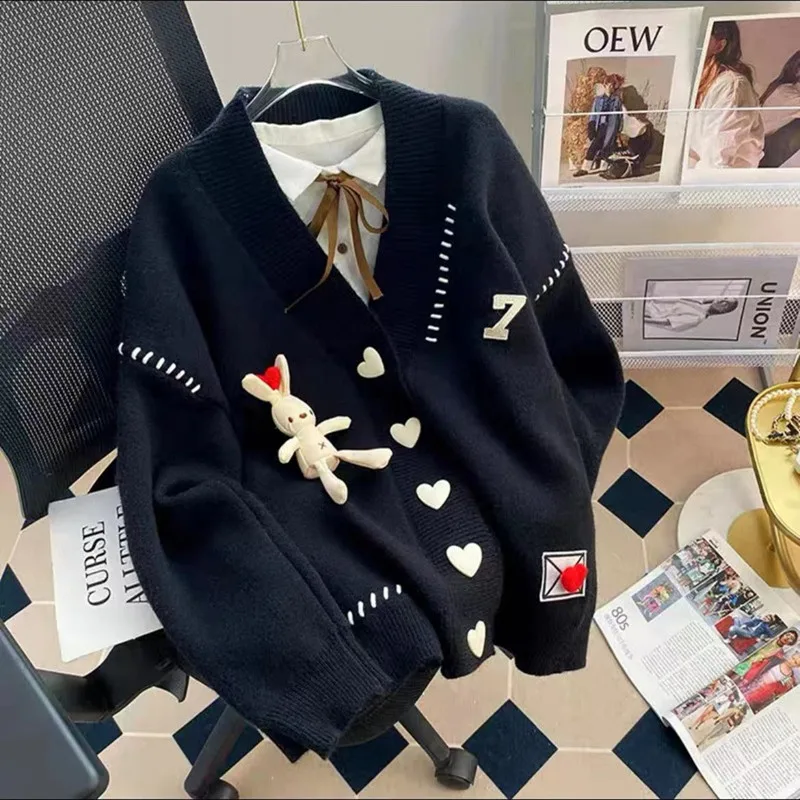 

Sweet Preppy Style Love Rabbit Oversize Sweater Cardigan Women New Autumn Winter V-Neck Long Sleeve Casual Knitted Jacket s745