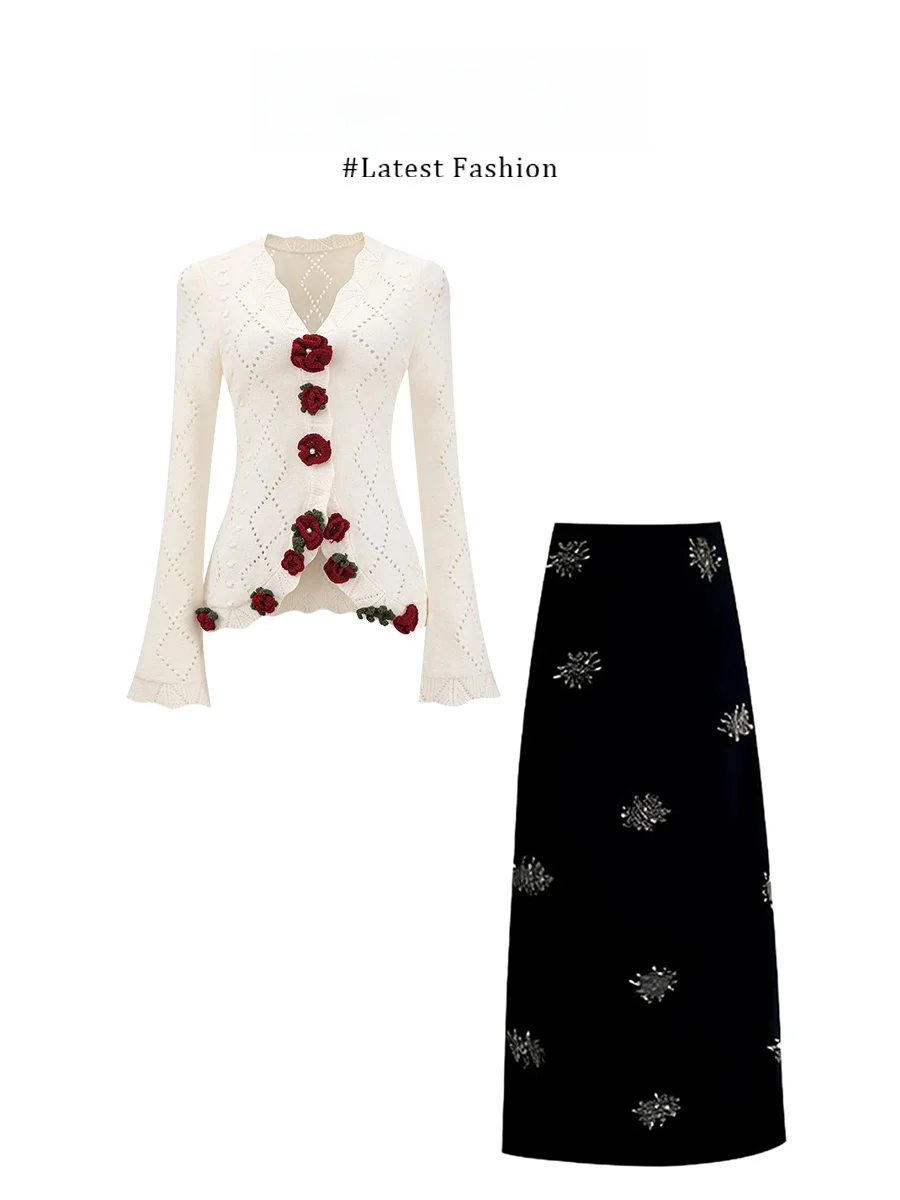 

Комплект из двух предметов Marie Spring 2026: вязаный крючком ажурный топ с цветочным принтом и брюки, женский, модный, теплый, с длинным рукавом, круглым вырезом, в повседневном стиле