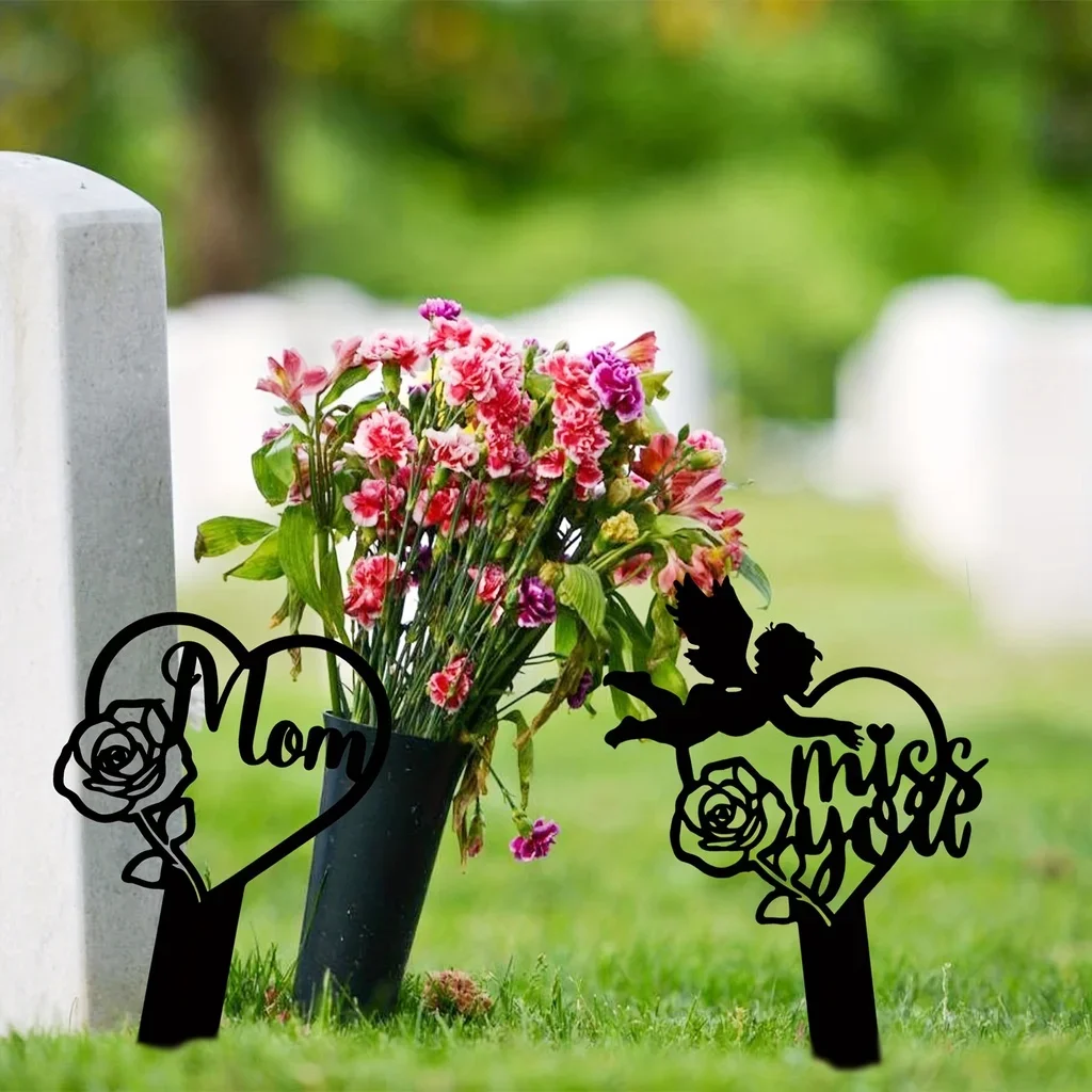 1pc Memorial Yard Markers Heart Memorial Plaque Stake Sympathy Grave Plaque Stake Cemetery Garden Stake Memorial Metal Grave