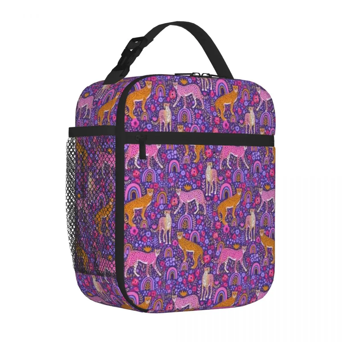 Bestselling Cheetahs In A Rainbow Garden On Navy Blue Striped Adjustable Strap Lunch Wilderness Camping Lightweight Lunch Bag