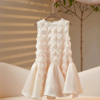 2024 dziewczęce nowe wysokiej klasy sukienki kostiumy ubrania wizytowe beżowe letnie pasujące ubrania białe krótkie rękawy wesele księżniczki