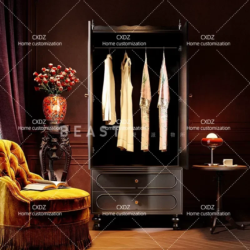 Medieval Floral Bird Pattern Solid Wood Wardrobe 6 Drawer Storage Cabinet for Living Room Entryway Household Organizer