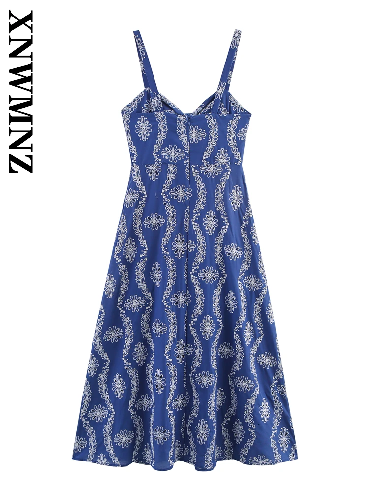 XNWMNZ 2025 verano mujer boho Sexy correa de hombro delgada vestidos midi vacaciones moda mujer ropa azul sin mangas vestido elegante