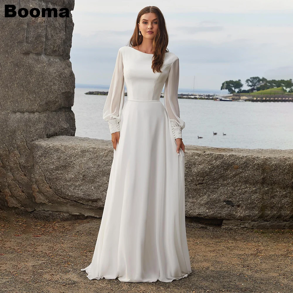 Booma Chiffon a-line abiti da festa di nozze per le donne abito da sera a maniche lunghe con bottoni abiti lunghi da sposa vestido de novia