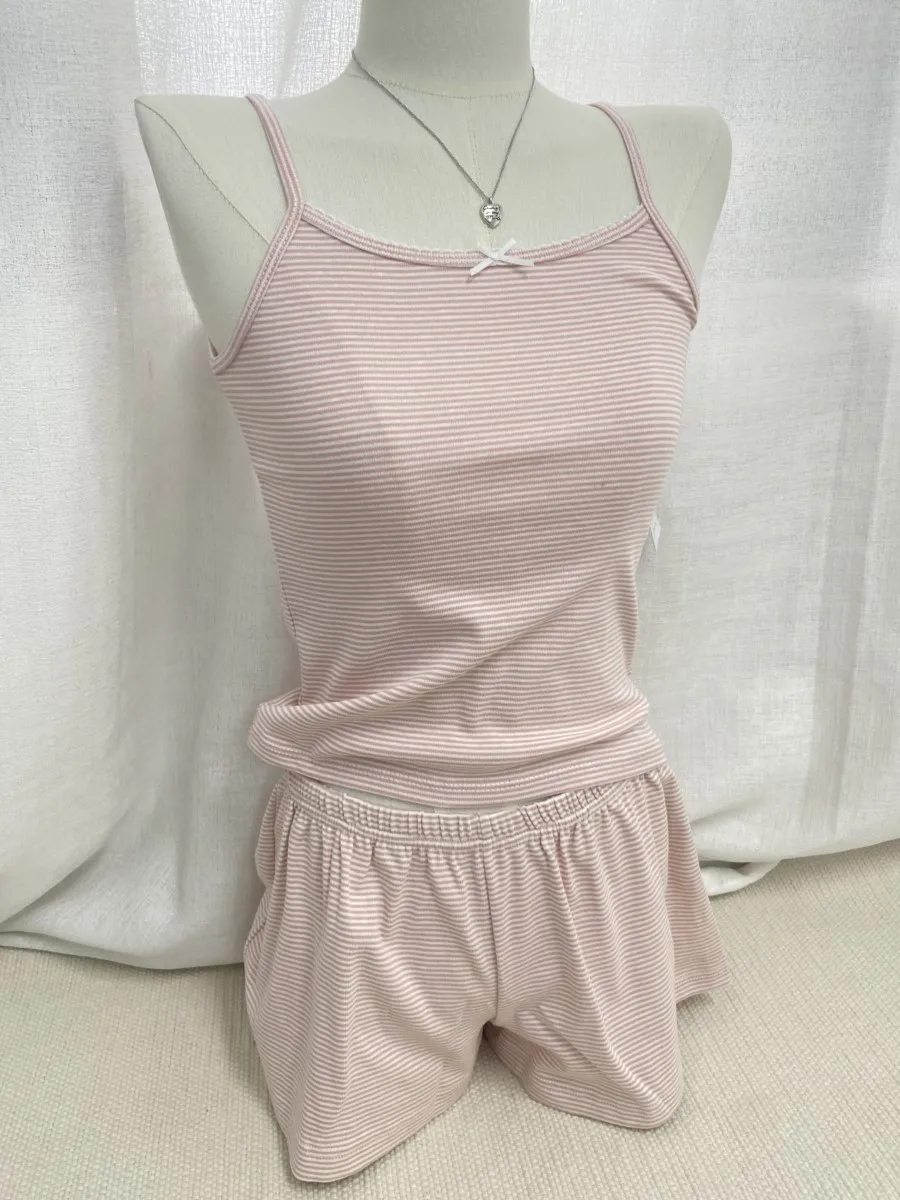 

Sweet Striped Pink Vests Shorts 2 Pieces Set Women Slim Lace Trim Tank Top with High Waist Straight Short Pant Cute Bow Sets Y2K