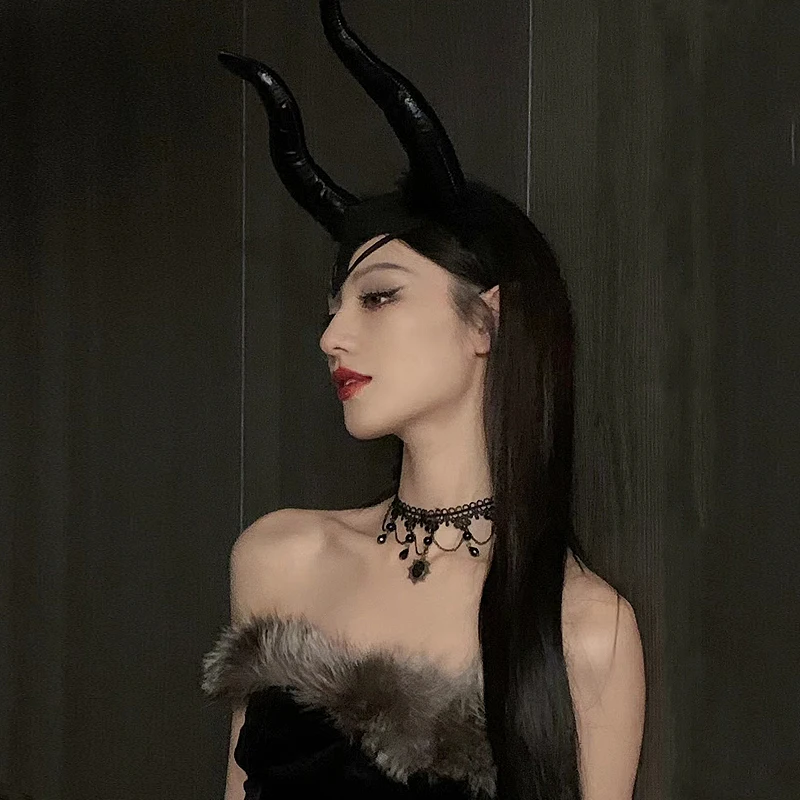 Maleficent Black Queen Cosplay Dark Witch Demon Horn Necklace Accessories Set Halloween Cosplay Props Gothic Hair Accessories