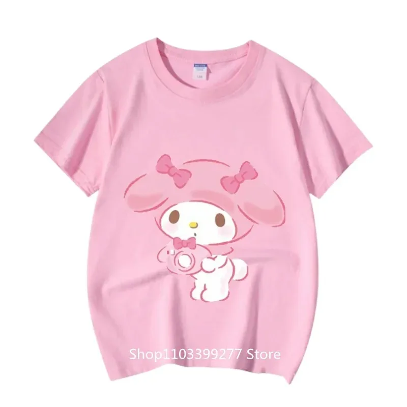 100% Cotton Summer Clothes Absorb Sweat Breathable T-Shirt Sanrio Cartoon Anime MyMelody Short Sleeve T-Shirt Girls T-Shirt