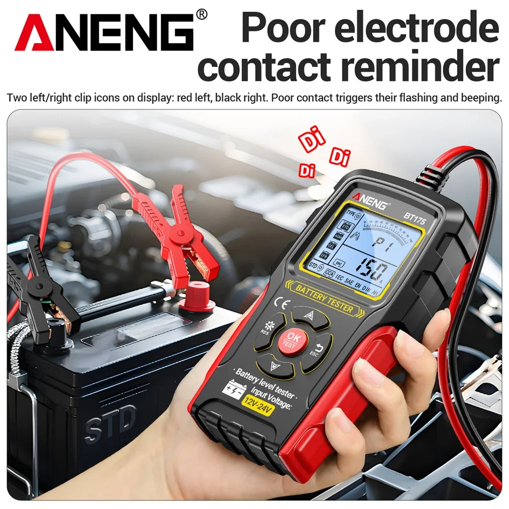 자동차 납산 배터리 테스터 12V 24V 발전기 분석기 디스플레이 화면 ANENG BT175 절연 악어 클립 도구 포함