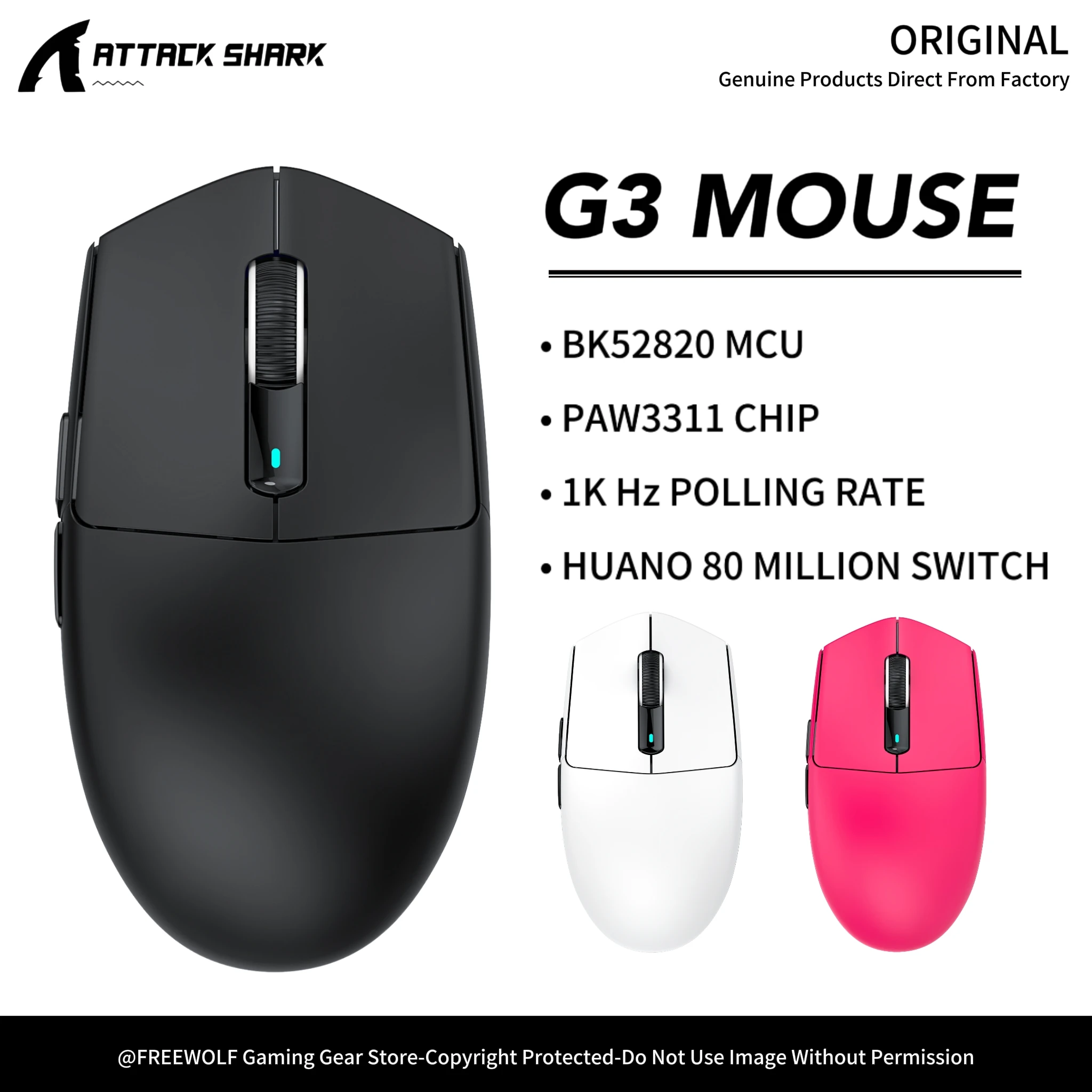 

G3 ATTACK SHARK 1K Hz Bluetooth Wireless Gaming Mouse,PAW3311 Sensor,25000DPI,Broadcom BK52820MCU,Dual Driver for PC/MAC/Wins
