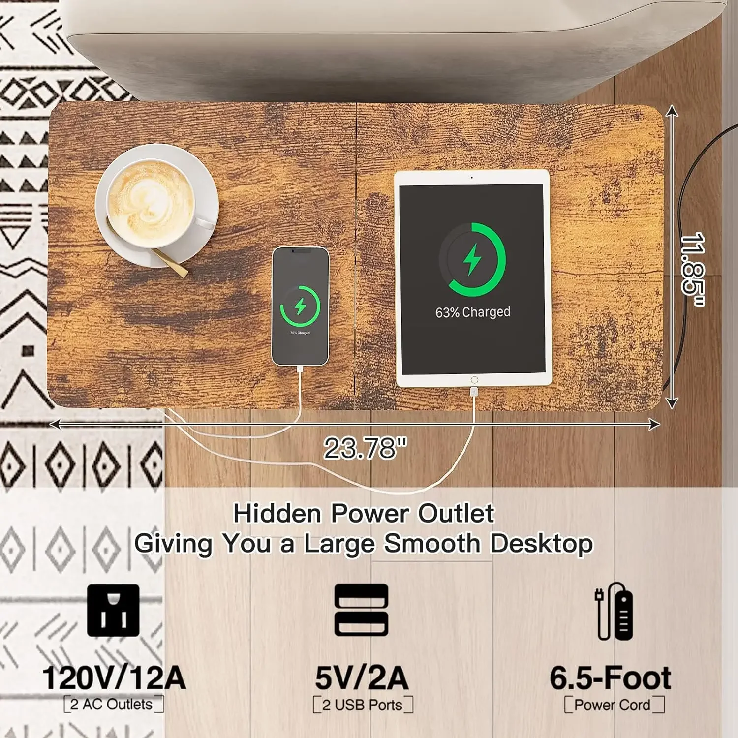 طاولة نهاية الشحن الضيقة، مع منافذ ومنافذ USB بالإضافة إلى درج، لغرفة النوم ذات المساحات الصغيرة #3