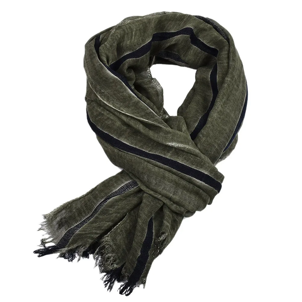 Green Cotton Linen Men's Scarf Fashion Male Brand Striped Scarves Autumn Winter Long Soft Shawls and Wraps Short Tassel Bufanda