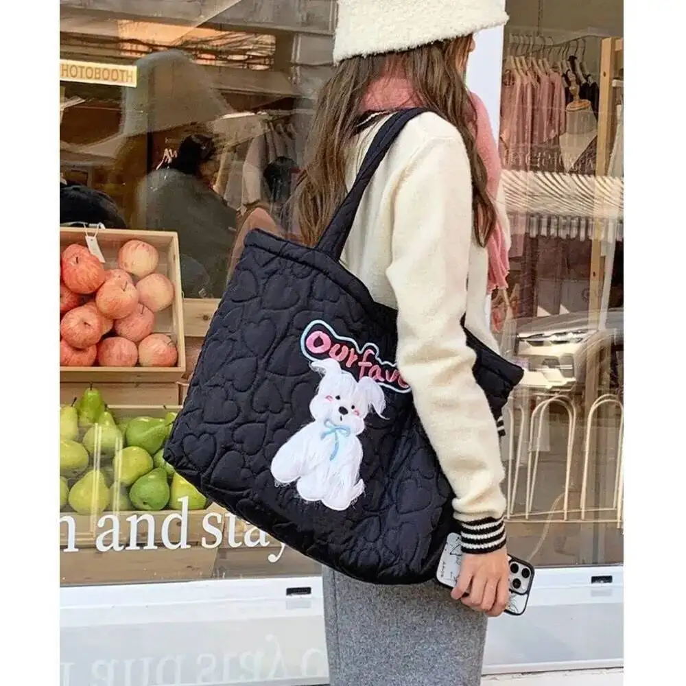 Bloom Haruku Pink Large Capacity Tote Bag Women Sweet Cute Puppy Embroidery Handbag Hot Girls Retro Shoulder Bags Aesthetic