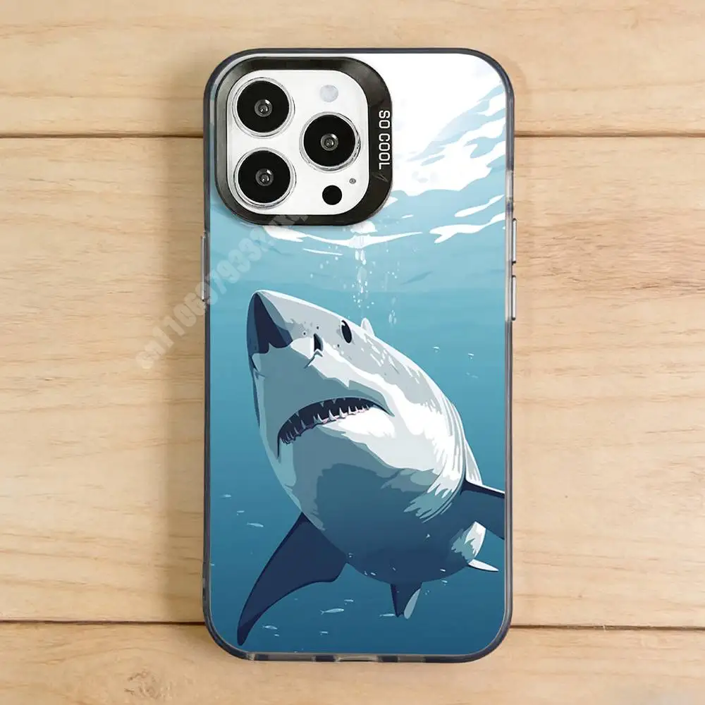 Kawaii Shark Pattern Phone Case for iPhone 17 16 15 Pro Plus 14 13 Max Mini 12 11 X XS Air TPU Bumper