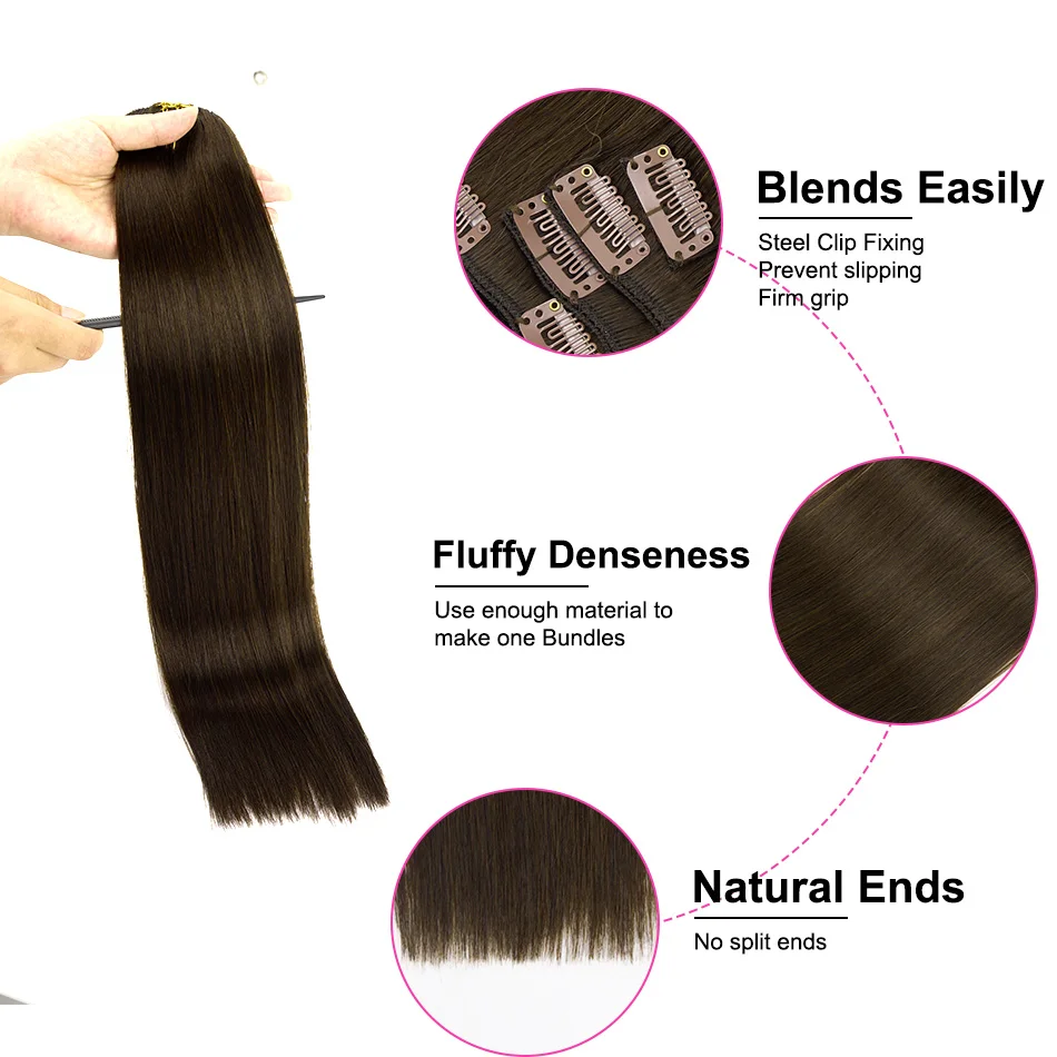 PLADIO Clip In Remy Brazilian Straight Human Hair Extensions 7Pcs Dark Brown Thick Natural Soft No Shedding Healthy 14-26 Inch