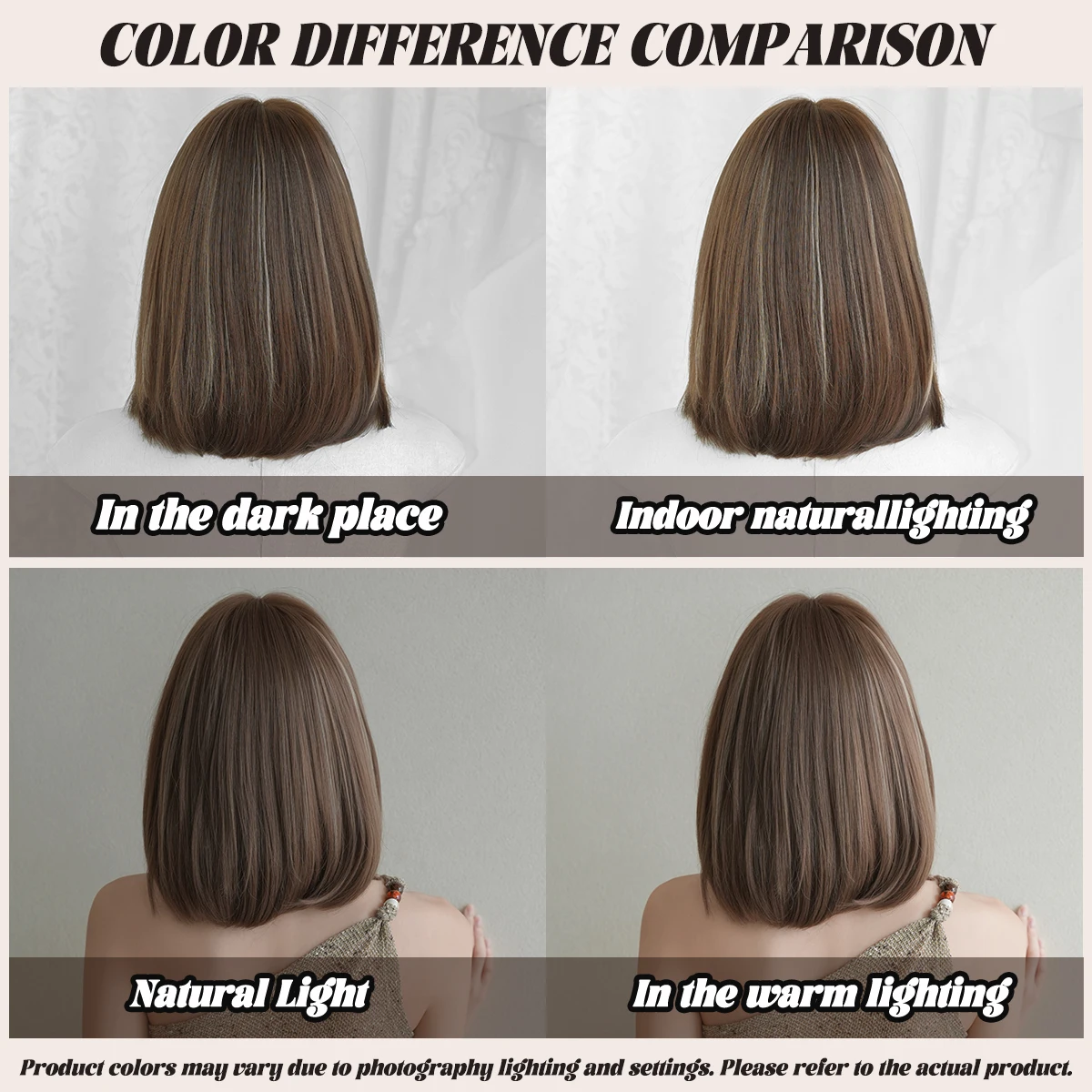 Women's Short Straight Brown Highlight Synthetic Wig with Bangs
