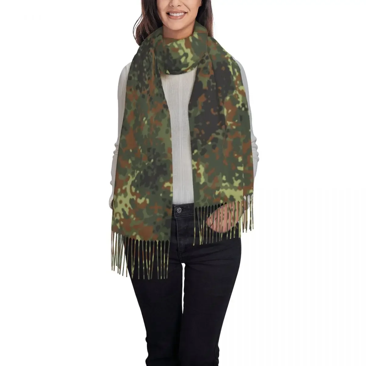 Ladies Large Flecktarn Camo Scarves Women Winter Fall Thick Warm Tassel Shawl Wraps Army Camouflage Scarf