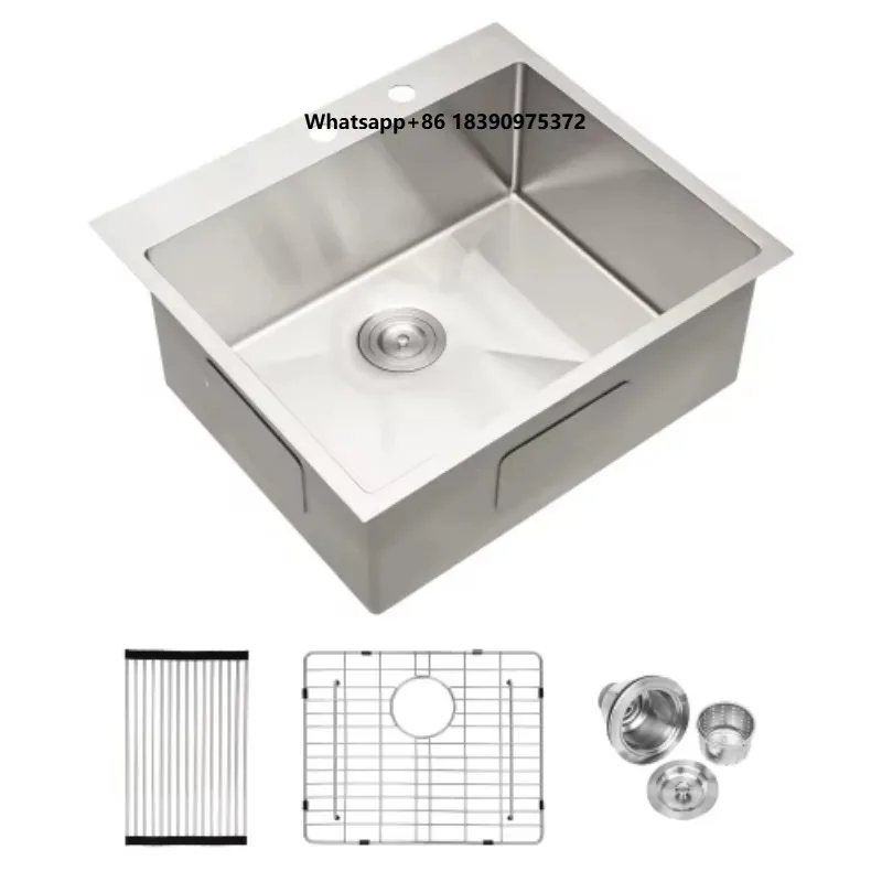 25x22 Inch American 304 Stainless Steel Kitchen Sink, Large Single Bowl Deep with Drain Board Commercial