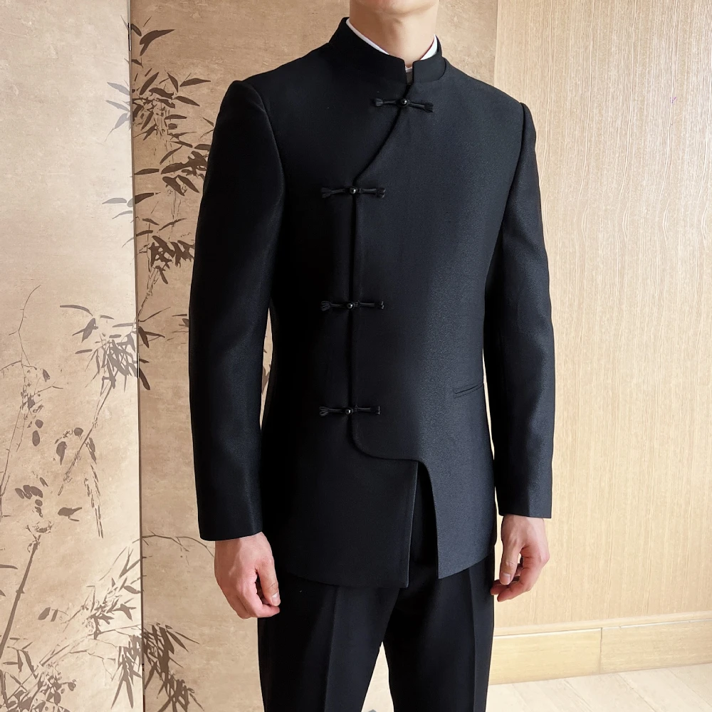 Elegant Men Suit Chinese Style 2 Piece Black Jacket Pants Slim Fit Set for Wedding Grooms Prom Party Custom Costume Homme