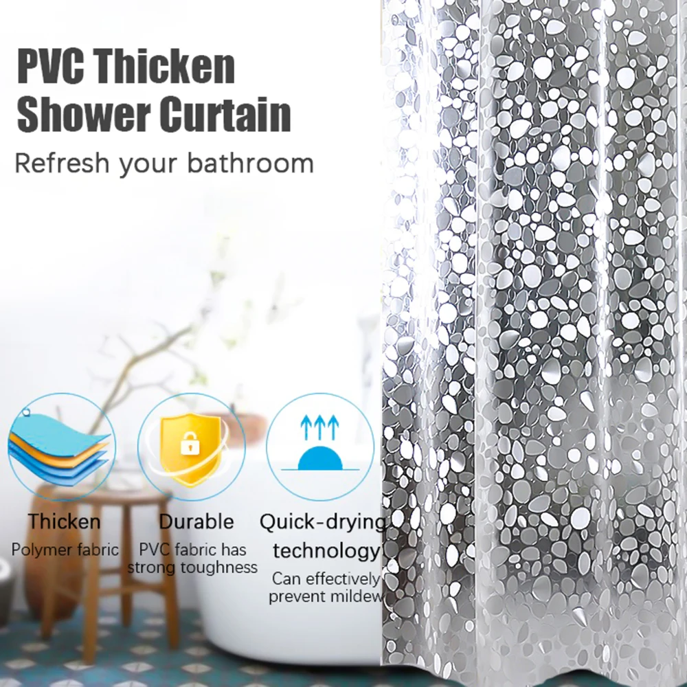 1PC Shower Curtain with Hooks PVC Waterproof Mildew Resistant Antibacterial 3D White Semi Transparent Pebble Shower Curtain