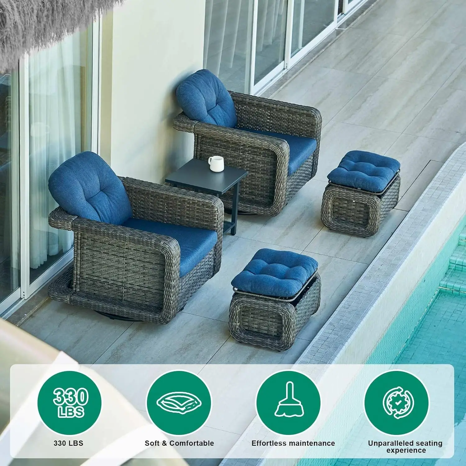 2 Piece 360 Degree Swivel Rocker Patio Chair Set Rust Resistant Grey Wicker Blue Cushion Ottoman for Backyard Deck Balcony Pools